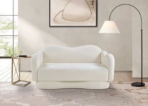 Meridian Furniture Bloom Sculptural Loveseat with Curved Cloud Silhouette and Plush Upholstery for Modern Living Cream Faux Shearling Teddy Fabric 44006Cream-L
