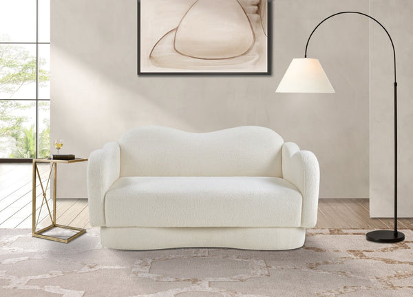 Meridian Furniture Bloom Sculptural Loveseat with Curved Cloud Silhouette and Plush Upholstery for Modern Living Cream Faux Shearling Teddy Fabric 44006Cream-L