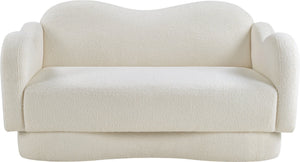 Meridian Furniture Bloom Sculptural Loveseat with Curved Cloud Silhouette and Plush Upholstery for Modern Living Cream Faux Shearling Teddy Fabric 44006Cream-L