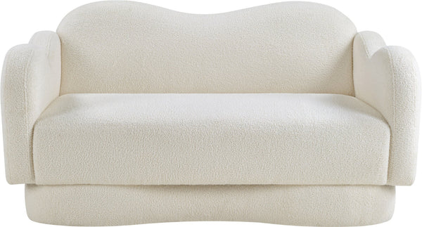Meridian Furniture Bloom Sculptural Loveseat with Curved Cloud Silhouette and Plush Upholstery for Modern Living Cream Faux Shearling Teddy Fabric 44006Cream-L