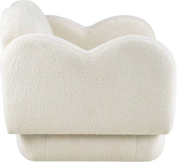 Meridian Furniture Bloom Sculptural Loveseat with Curved Cloud Silhouette and Plush Upholstery for Modern Living Cream Faux Shearling Teddy Fabric 44006Cream-L