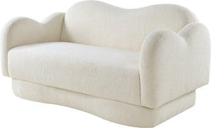 Meridian Furniture Bloom Sculptural Loveseat with Curved Cloud Silhouette and Plush Upholstery for Modern Living Cream Faux Shearling Teddy Fabric 44006Cream-L