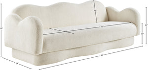 Meridian Furniture Bloom Sculptural Curved Sofa with Cloud Silhouette Seats Three for Modern Living Rooms Cream Faux Shearling Teddy Fabric 44006Cream-S
