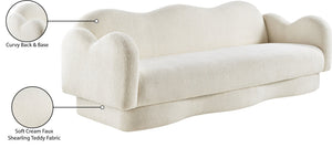 Meridian Furniture Bloom Sculptural Curved Sofa with Cloud Silhouette Seats Three for Modern Living Rooms Cream Faux Shearling Teddy Fabric 44006Cream-S