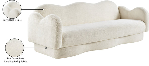 Meridian Furniture Bloom Sculptural Curved Sofa with Cloud Silhouette Seats Three for Modern Living Rooms Cream Faux Shearling Teddy Fabric 44006Cream-S