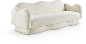 Meridian Furniture Bloom Sculptural Curved Sofa with Cloud Silhouette Seats Three for Modern Living Rooms Cream Faux Shearling Teddy Fabric 44006Cream-S