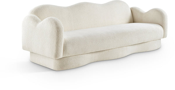 Meridian Furniture Bloom Sculptural Curved Sofa with Cloud Silhouette Seats Three for Modern Living Rooms Cream Faux Shearling Teddy Fabric 44006Cream-S