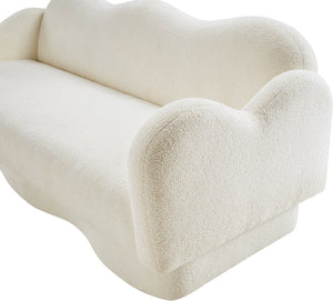 Meridian Furniture Bloom Sculptural Curved Sofa with Cloud Silhouette Seats Three for Modern Living Rooms Cream Faux Shearling Teddy Fabric 44006Cream-S