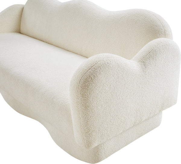Meridian Furniture Bloom Sculptural Curved Sofa with Cloud Silhouette Seats Three for Modern Living Rooms Cream Faux Shearling Teddy Fabric 44006Cream-S