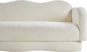 Meridian Furniture Bloom Sculptural Curved Sofa with Cloud Silhouette Seats Three for Modern Living Rooms Cream Faux Shearling Teddy Fabric 44006Cream-S