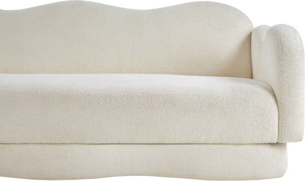 Meridian Furniture Bloom Sculptural Curved Sofa with Cloud Silhouette Seats Three for Modern Living Rooms Cream Faux Shearling Teddy Fabric 44006Cream-S