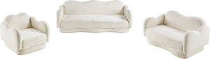 Meridian Furniture Bloom Sculptural Curved Sofa with Cloud Silhouette Seats Three for Modern Living Rooms Cream Faux Shearling Teddy Fabric 44006Cream-S