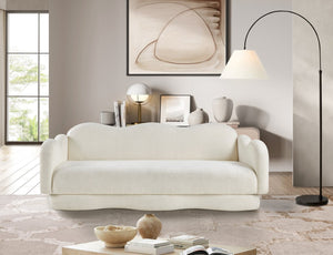 Meridian Furniture Bloom Sculptural Curved Sofa with Cloud Silhouette Seats Three for Modern Living Rooms Cream Faux Shearling Teddy Fabric 44006Cream-S