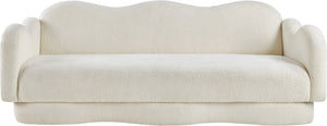 Meridian Furniture Bloom Sculptural Curved Sofa with Cloud Silhouette Seats Three for Modern Living Rooms Cream Faux Shearling Teddy Fabric 44006Cream-S