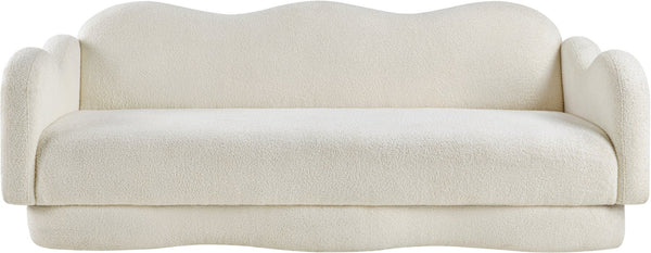 Meridian Furniture Bloom Sculptural Curved Sofa with Cloud Silhouette Seats Three for Modern Living Rooms Cream Faux Shearling Teddy Fabric 44006Cream-S