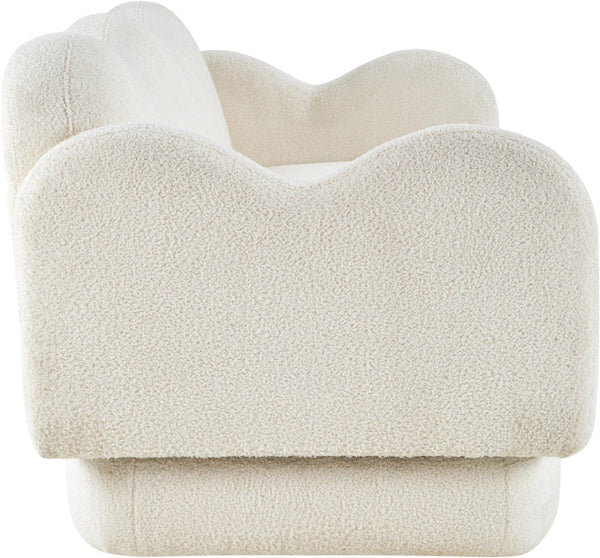 Meridian Furniture Bloom Sculptural Curved Sofa with Cloud Silhouette Seats Three for Modern Living Rooms Cream Faux Shearling Teddy Fabric 44006Cream-S