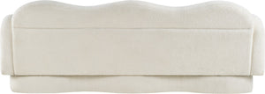 Meridian Furniture Bloom Sculptural Curved Sofa with Cloud Silhouette Seats Three for Modern Living Rooms Cream Faux Shearling Teddy Fabric 44006Cream-S