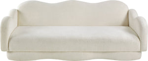 Meridian Furniture Bloom Sculptural Curved Sofa with Cloud Silhouette Seats Three for Modern Living Rooms Cream Faux Shearling Teddy Fabric 44006Cream-S