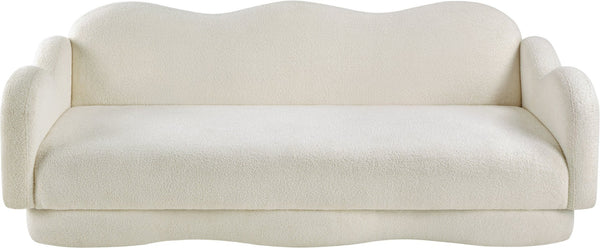 Meridian Furniture Bloom Sculptural Curved Sofa with Cloud Silhouette Seats Three for Modern Living Rooms Cream Faux Shearling Teddy Fabric 44006Cream-S