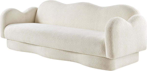 Meridian Furniture Bloom Sculptural Curved Sofa with Cloud Silhouette Seats Three for Modern Living Rooms Cream Faux Shearling Teddy Fabric 44006Cream-S