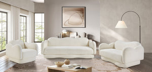 Meridian Furniture Bloom Sculptural Curved Sofa with Cloud Silhouette Seats Three for Modern Living Rooms Cream Faux Shearling Teddy Fabric 44006Cream-S