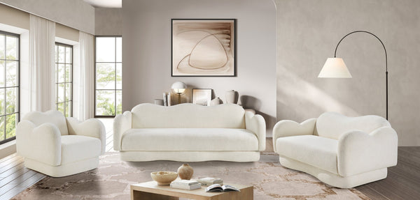 Meridian Furniture Bloom Sculptural Curved Sofa with Cloud Silhouette Seats Three for Modern Living Rooms Cream Faux Shearling Teddy Fabric 44006Cream-S
