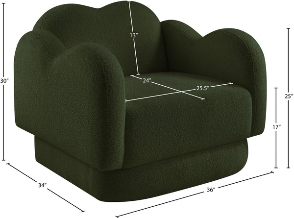 Meridian Furniture Bloom Sculptural Accent Chair Plush Curved Back Design for Modern Living Room or Bedroom Green Faux Shearling Teddy Fabric 44006Green-C