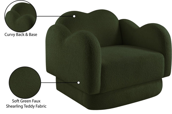 Meridian Furniture Bloom Sculptural Accent Chair Plush Curved Back Design for Modern Living Room or Bedroom Green Faux Shearling Teddy Fabric 44006Green-C
