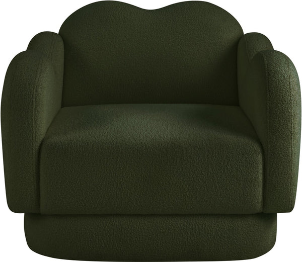 Meridian Furniture Bloom Sculptural Accent Chair Plush Curved Back Design for Modern Living Room or Bedroom Green Faux Shearling Teddy Fabric 44006Green-C