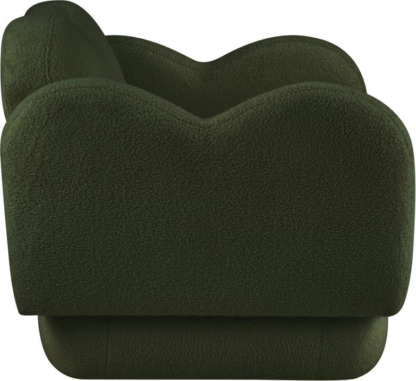 Meridian Furniture Bloom Sculptural Accent Chair Plush Curved Back Design for Modern Living Room or Bedroom Green Faux Shearling Teddy Fabric 44006Green-C