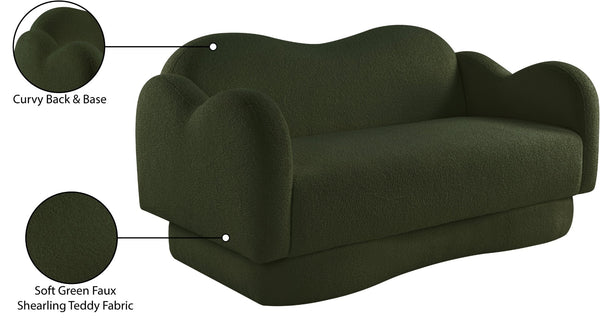 Meridian Furniture Bloom Sculptural Loveseat with Curved Cloud Silhouette and Plush Upholstery for Modern Living Green Faux Shearling Teddy Fabric 44006Green-L