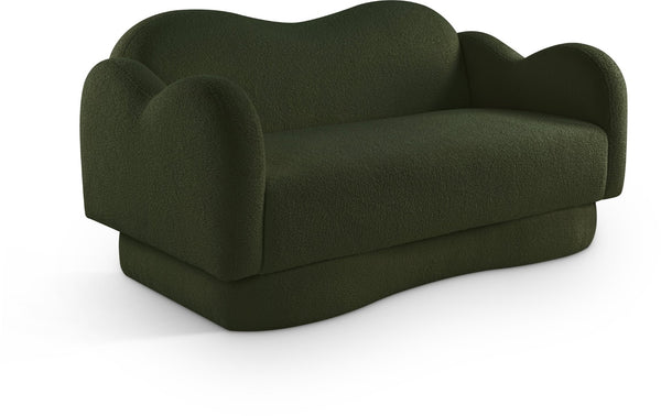 Meridian Furniture Bloom Sculptural Loveseat with Curved Cloud Silhouette and Plush Upholstery for Modern Living Green Faux Shearling Teddy Fabric 44006Green-L