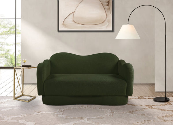 Meridian Furniture Bloom Sculptural Loveseat with Curved Cloud Silhouette and Plush Upholstery for Modern Living Green Faux Shearling Teddy Fabric 44006Green-L