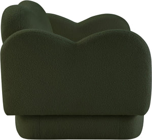 Meridian Furniture Bloom Sculptural Loveseat with Curved Cloud Silhouette and Plush Upholstery for Modern Living Green Faux Shearling Teddy Fabric 44006Green-L