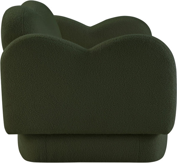 Meridian Furniture Bloom Sculptural Loveseat with Curved Cloud Silhouette and Plush Upholstery for Modern Living Green Faux Shearling Teddy Fabric 44006Green-L