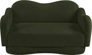 Meridian Furniture Bloom Sculptural Loveseat with Curved Cloud Silhouette and Plush Upholstery for Modern Living Green Faux Shearling Teddy Fabric 44006Green-L