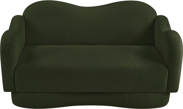 Meridian Furniture Bloom Sculptural Loveseat with Curved Cloud Silhouette and Plush Upholstery for Modern Living Green Faux Shearling Teddy Fabric 44006Green-L