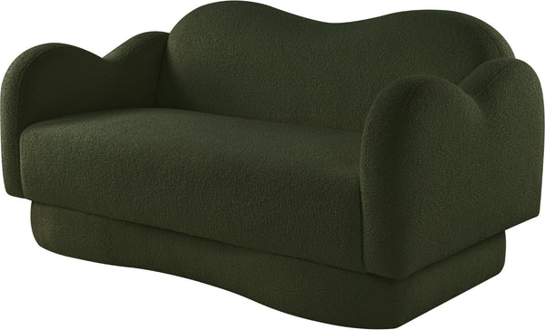 Meridian Furniture Bloom Sculptural Loveseat with Curved Cloud Silhouette and Plush Upholstery for Modern Living Green Faux Shearling Teddy Fabric 44006Green-L