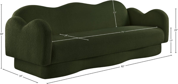 Meridian Furniture Bloom Sculptural Curved Sofa with Cloud Silhouette Seats Three for Modern Living Rooms Green Faux Shearling Teddy Fabric 44006Green-S