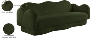 Meridian Furniture Bloom Sculptural Curved Sofa with Cloud Silhouette Seats Three for Modern Living Rooms Green Faux Shearling Teddy Fabric 44006Green-S