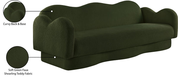 Meridian Furniture Bloom Sculptural Curved Sofa with Cloud Silhouette Seats Three for Modern Living Rooms Green Faux Shearling Teddy Fabric 44006Green-S