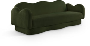 Meridian Furniture Bloom Sculptural Curved Sofa with Cloud Silhouette Seats Three for Modern Living Rooms Green Faux Shearling Teddy Fabric 44006Green-S