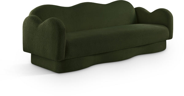 Meridian Furniture Bloom Sculptural Curved Sofa with Cloud Silhouette Seats Three for Modern Living Rooms Green Faux Shearling Teddy Fabric 44006Green-S