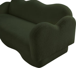 Meridian Furniture Bloom Sculptural Curved Sofa with Cloud Silhouette Seats Three for Modern Living Rooms Green Faux Shearling Teddy Fabric 44006Green-S