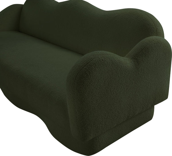 Meridian Furniture Bloom Sculptural Curved Sofa with Cloud Silhouette Seats Three for Modern Living Rooms Green Faux Shearling Teddy Fabric 44006Green-S