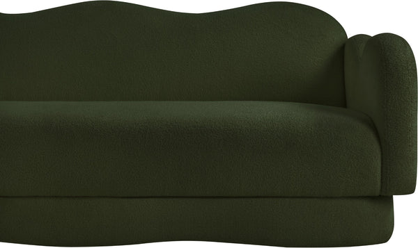 Meridian Furniture Bloom Sculptural Curved Sofa with Cloud Silhouette Seats Three for Modern Living Rooms Green Faux Shearling Teddy Fabric 44006Green-S