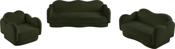 Meridian Furniture Bloom Sculptural Curved Sofa with Cloud Silhouette Seats Three for Modern Living Rooms Green Faux Shearling Teddy Fabric 44006Green-S