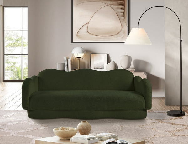 Meridian Furniture Bloom Sculptural Curved Sofa with Cloud Silhouette Seats Three for Modern Living Rooms Green Faux Shearling Teddy Fabric 44006Green-S
