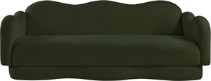 Meridian Furniture Bloom Sculptural Curved Sofa with Cloud Silhouette Seats Three for Modern Living Rooms Green Faux Shearling Teddy Fabric 44006Green-S