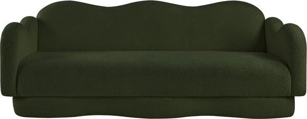 Meridian Furniture Bloom Sculptural Curved Sofa with Cloud Silhouette Seats Three for Modern Living Rooms Green Faux Shearling Teddy Fabric 44006Green-S